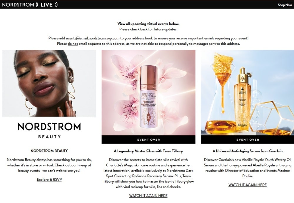Nordstrom live shopping virtual event interface showing real-time product demonstrations and shoppable items for interactive customer experience